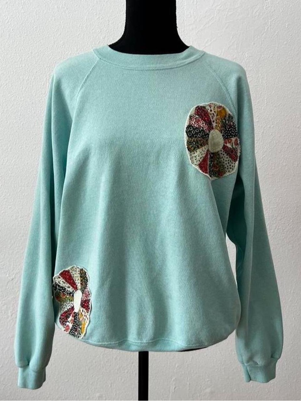 Vintage Raglan Cottagecore Sweatshirt Dresden Plate Quilt Block Grannycore XL